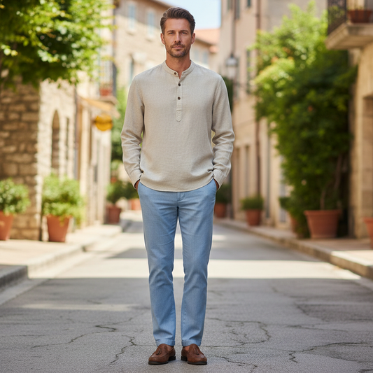 Camisa Henley de Linho Masculina | Manga Longa Relaxada