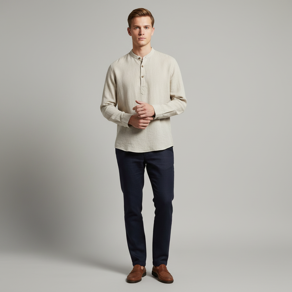 Camisa Henley de Linho Masculina | Manga Longa Relaxada