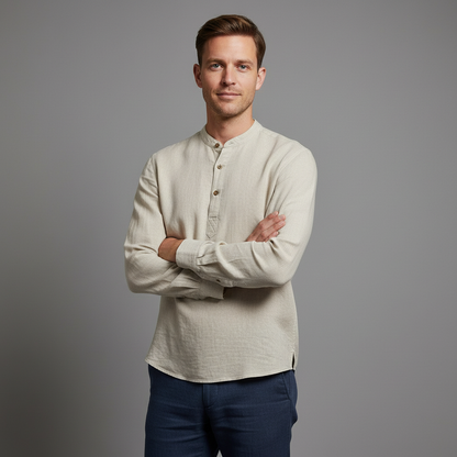 Camisa Henley de Linho Masculina | Manga Longa Relaxada