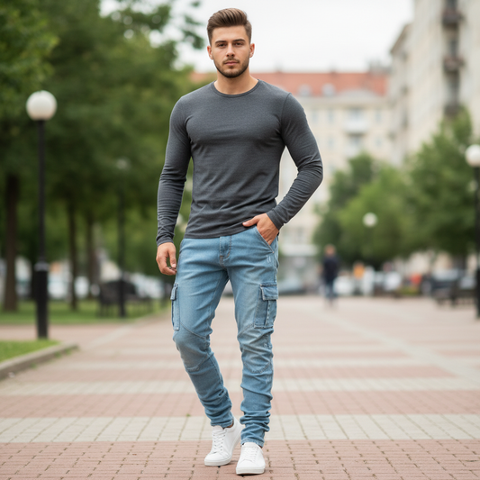 Calça Cargo Slim Fit Masculina em Denim Stretch