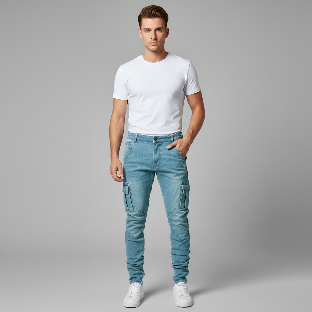 Calça Cargo Slim Fit Masculina em Denim Stretch